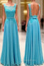 Blue Lace Long Evening Prom Dress, Blue Evening Dress For Teens