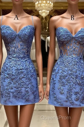 Blue Lace Short Evening Prom Dress, Blue Homecoming Dress