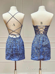 Blue Lace Short Evening Prom Dress, Blue Homecoming Dress
