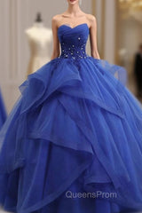 Blue Lace Strapless Ball Gown Evening Dress, Blue Long Sweet 16 Dress