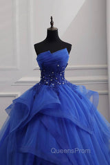 Blue Lace Strapless Ball Gown Evening Dress, Blue Long Sweet 16 Dress