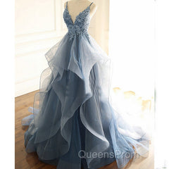 Blue Lace Top with Layers Tulle Evening Prom Dress, New Straps Evening Gown
