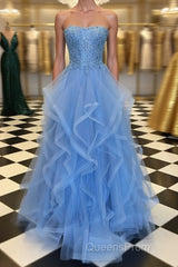 Blue Lace Tulle Long Evening Prom Dress, Blue Lace Ball Gown, Blue Lace Formal Dress, Evening Dress