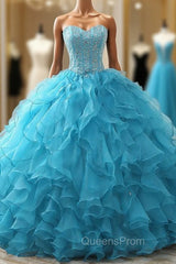 Blue Lace up Back Ball Gown Beading Crystal Birthday Dress