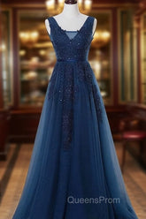Blue Long A-line Bridesmaid Dress, Dark Blue Tulle Party Dress