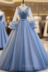 Blue Long Sleeve Tulle Pleats Beading Quinceanera Dress