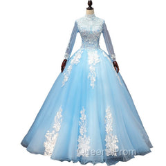 Blue Long Sleeves lace Tulle Sweet 16 Dress, Light Blue Ball Gown Evening Dress, Party Dress