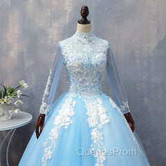 Blue Long Sleeves lace Tulle Sweet 16 Dress, Light Blue Ball Gown Evening Dress, Party Dress