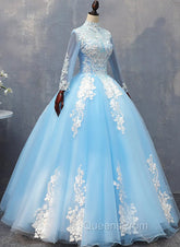Blue Long Sleeves lace Tulle Sweet 16 Dress, Light Blue Ball Gown Evening Dress, Party Dress