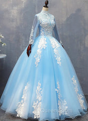 Blue Long Sleeves lace Tulle Sweet 16 Dress, Light Blue Ball Gown Evening Dress, Party Dress