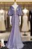 Blue Mermaid Bat Sleeve Beading Evening Prom Dress