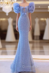 Blue Mermaid Sequins Bow Evening Prom Dress