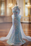 Blue Mermaid Sequins Halter Long Party Dress with Bow, Blue Sequins Evening Prom Dress