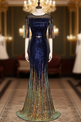 Blue Mermaid Sequins Short Sleeve Belt Evening Prom Dress