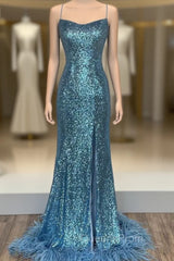 Blue Mermaid Sequins Spaghetti Straps Evening Prom Dress