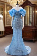 Blue Mermaid Tulle Sequins Off the Shoulder Evening Prom Dress