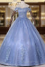 Blue Off Shoulder Tulle Party Dress With Lace, Long Formal Dress Sweet 16 Dress