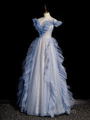 Blue Off Shoulder Tulle Sequin Beading Long Evening Prom Dress, Blue Formal Dress