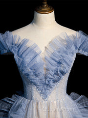 Blue Off Shoulder Tulle Sequin Beading Long Evening Prom Dress, Blue Formal Dress