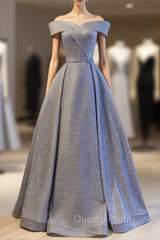 Blue Off the Shoulder Belt Evening Prom Dress