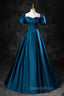 Blue Off the Shoulder Satin Floor Length Evening Prom Dress with Corset, Blue Evening Party Dress