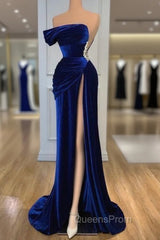 Blue Off-the-Shoulder Velvet Evening Prom Dress Mermaid Long With Split