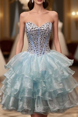 Blue Organza Crystal Homecoming Dress
