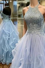 Baby Blue Evening Prom Dress A Line Halter Long Party Evening Dress with Appliques Open Back