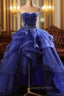 Blue Evening Prom Dress Ruffles Tiered Crystal Beaded Top EveningParty Dress, High Low Evening Prom Dress