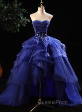 Blue Evening Prom Dress Ruffles Tiered Crystal Beaded Top EveningParty Dress, High Low Evening Prom Dress