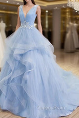 Blue Evening Prom Dress V-neck Ball Gown Sweep Train Party Dress, Sweet 16 Gown