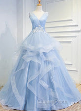 Blue Evening Prom Dress V-neck Ball Gown Sweep Train Party Dress, Sweet 16 Gown