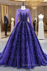 Blue Purple Tulle Beading Long Sleeve Evening Prom Dress