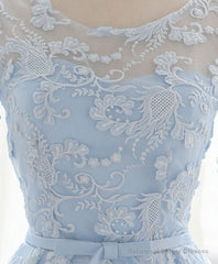 Blue Round Neck Lace Short Prom Dress, Blue Bridesmaid Dress, Homecoming Dress