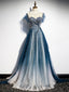 Blue Round Neck Tulle Beads Long Evening Prom Dress, Blue Evening Dress