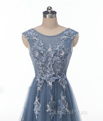 Blue round neck tulle lace applique long Evening Prom Dress, blue evening Dress
