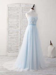 Blue Round Neck Tulle Lace Applique Long Prom Dresses