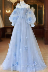 Blue Round Neck Tulle Lace Long Evening Prom Dress, Blue Tulle Evening Dress