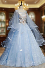 Blue Round Neck Tulle Lace Long Evening Prom Dress, Blue Sweet 16 Dress