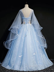 Blue Round Neck Tulle Lace Long Evening Prom Dress, Blue Sweet 16 Dress