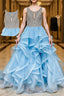 Blue round neck tulle sequin long Evening Prom Dress blue tulle formal Dress