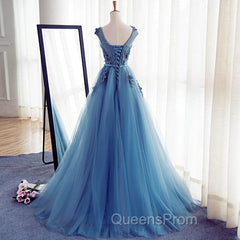 Blue Round Neckline Long Applique Elegant Senior Evening Dress, Long Party Gowns