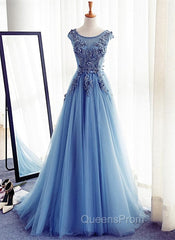 Blue Round Neckline Long Applique Elegant Senior Evening Dress, Long Party Gowns