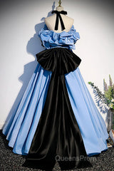 Blue Satin A-Line Long Evening Prom Dress With Black Bow, Off The Shoulder Blue Long Party Dress