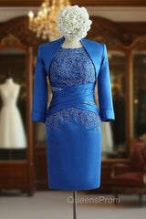 Blue Satin Appliques Lace Beading Knee-Length Mother of the Bride Dress