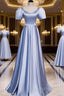 Blue Satin Beaded A-Line Long Party Dress, Blue Evening Prom Party Dress Formal Dress