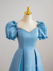 Blue Satin Beaded Floor Length Evening Prom Dress, Blue A-Line Short Sleeve Evening Dress