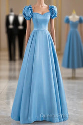 Blue Satin Beaded Floor Length Evening Prom Dress, Blue A-Line Short Sleeve Evening Dress