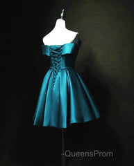 Blue Satin Cute Knee Length Short Evening Prom Dress Homecoming Dress, Off Shoulder Formal Dress