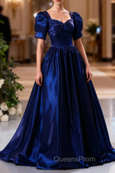 Blue Satin Floor Length Evening Prom Dress, A-Line Short Sleeve Backless Evening Party Dress